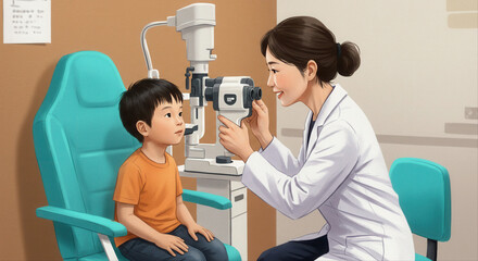 child getting eye exam. Young boy undergoing eye exam with female doctor in clinic