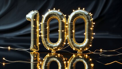 Golden 100 foil balloons illuminated by string lights on reflective dark background celebration mile