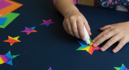 child gluing paper stars. Child creating colorful paper stars on dark table with craft supplies  