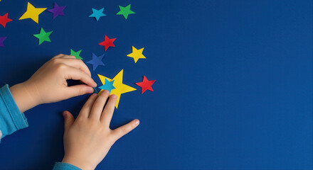 child gluing paper stars. Child's hands arranging colorful star stickers on blue background  
