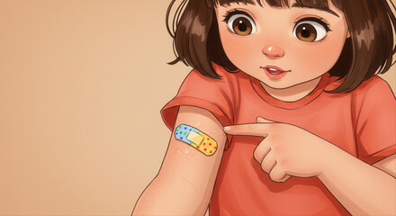 Young girl with a colorful bandage pointing at her arm. child pointing to bandage  