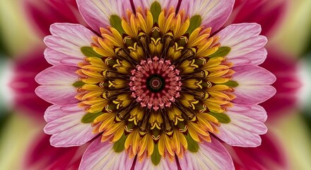 Symmetrical floral kaleidoscope with vibrant pink, yellow, and green petals creating an intricate