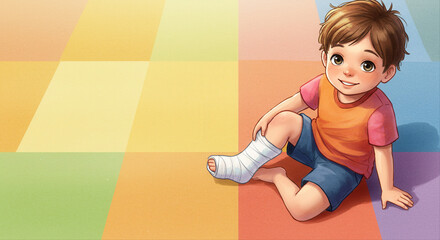 Young boy with a bandaged leg smiling while sitting on colorful floor. child sitting with leg cast 