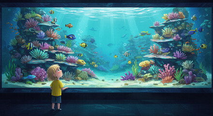 Young boy admiring colorful coral reef and fish in aquarium, child staring at aquarium  