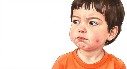 child with mosquito bite on face. Young boy with serious expression wearing orange shirt indoors  