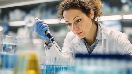 Scientist Conducting Lab Experiment with Pipette and Colorful Chemicals