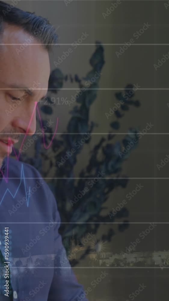 Poster animation of multiple graphs with changing numbers over caucasian man scrolling on digital tablet