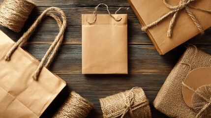 Recycled paper bags and gifts on a rustic wooden surface.