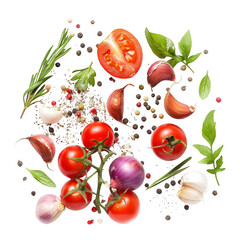 Colorful arrangement of fresh vegetables and herbs, spices