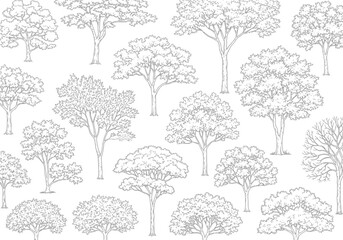 Seamless Pattern of Hand Drawn Trees in Black and White Sketch Style