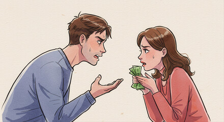 couple arguing over finances. Man arguing with woman holding cash in an emotional confrontation  