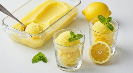 Fototapeta premium Refreshing lemon sorbet served in glasses with fresh mint and lemons