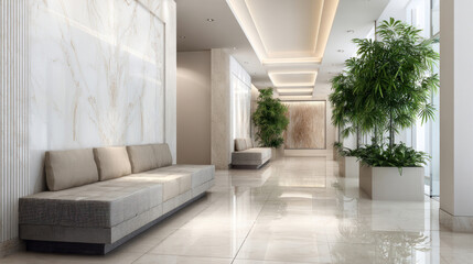 Modern interior hallway with glossy white walls, elegant bench seating in neutral tones, green potted plants for contrast, spacious poster-ready wall section, hotel-like luxury