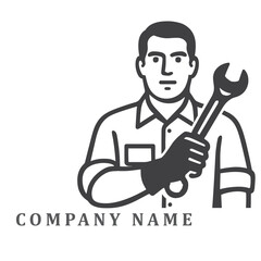 Stylized black and white logo of an auto repairman wearing gloves and holding a wrench, front-facing with a confident look, illustrated in a clean and modern vector style.