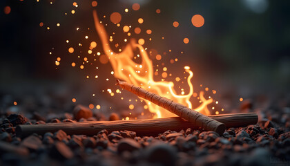 Close-up of a small campfire with flames and sparks rising from burning sticks on a rocky ground.