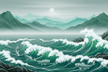 Artistic Ocean Wave Painting with Fish and Mountains