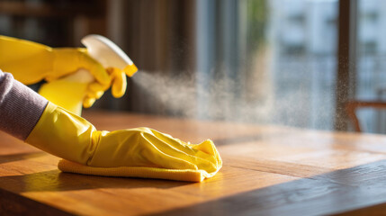 Person wearing bright yellow rubber gloves spraying disinfectant on polished wooden table, soft natural light from window, close-up of hands and mist in air, clean and tidy space