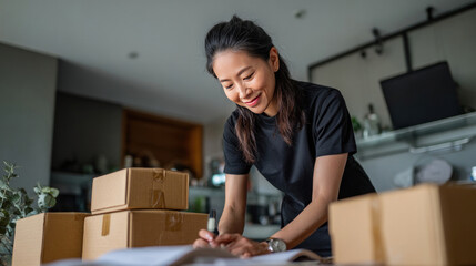 Modern home business scene with confident Asian woman preparing e-commerce orders, checking list and arranging boxes neatly, tidy home workspace with subtle branding feel