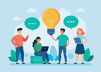 Diverse team brainstorming innovative ideas; flat design, bright color palette, positive mood.