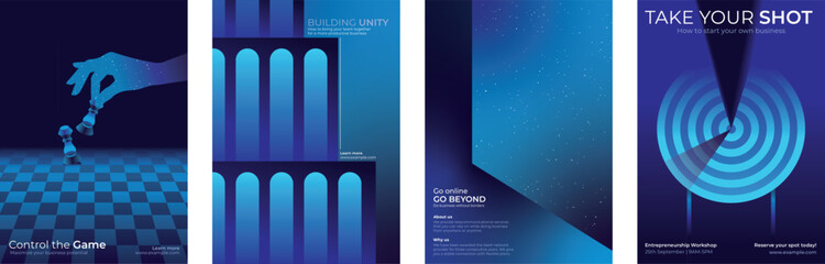 Set of four blue-themed posters with abstract designs. Includes chess hand, target, and geometric patterns. Ideal for creative, modern, and artistic themes. Futuristic business marketing posters.
