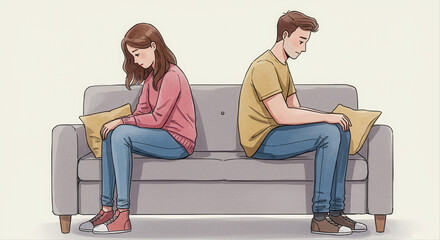 couple sitting apart on sofa upset. Couple sitting back to back on sofa looking upset indoors  