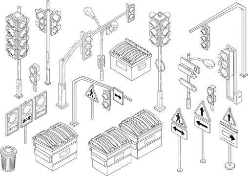 Isometric City Elements Traffic Lights Street Signs and Dumpsters in Outline Style