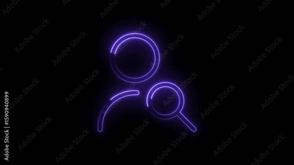 Poster glowing neon purple user search icon pulsating with vibrant light on a transparent black background