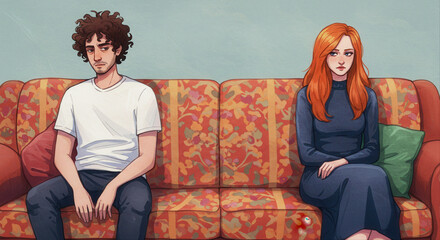 couple sitting apart on colorful sofa looking pensive  
