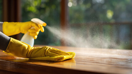 Person wearing bright yellow rubber gloves spraying disinfectant on polished wooden table, soft natural light from window, close-up of hands and mist in air, clean and tidy space