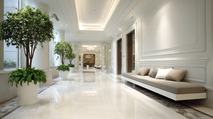 Modern interior hallway with glossy white walls, elegant bench seating in neutral tones, green potted plants for contrast, spacious poster-ready wall section, hotel-like luxury