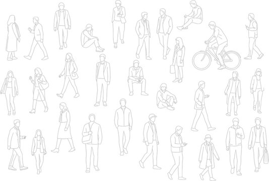 Line Art Illustration of People in Various Poses on White Background