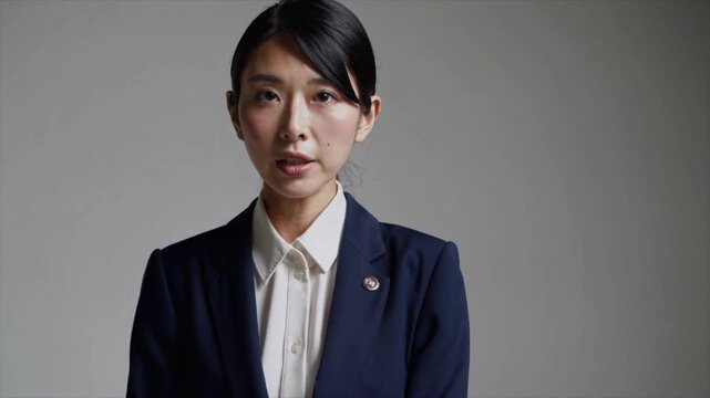 Japanese businesswoman in navy blue suit with black hair talking on gray background, confident and professional,Generative AI