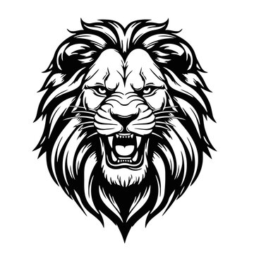 Wild roaring lion king head tattoo set. Front and side view predator face, lions heads black and white ink sketch silhouettes