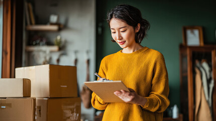 Portrait of confident Asian woman in casual business attire checking order list on clipboard while packing cardboard boxes in cozy home office, startup online business vibe
