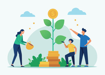 Family nurturing a growing money plant;  positive financial growth concept illustration.