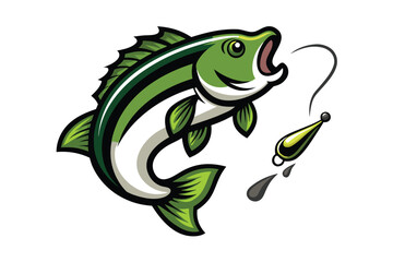Naklejka premium Cartoon Green Fish About To Catch A Fishing Lure With Two Water Drops