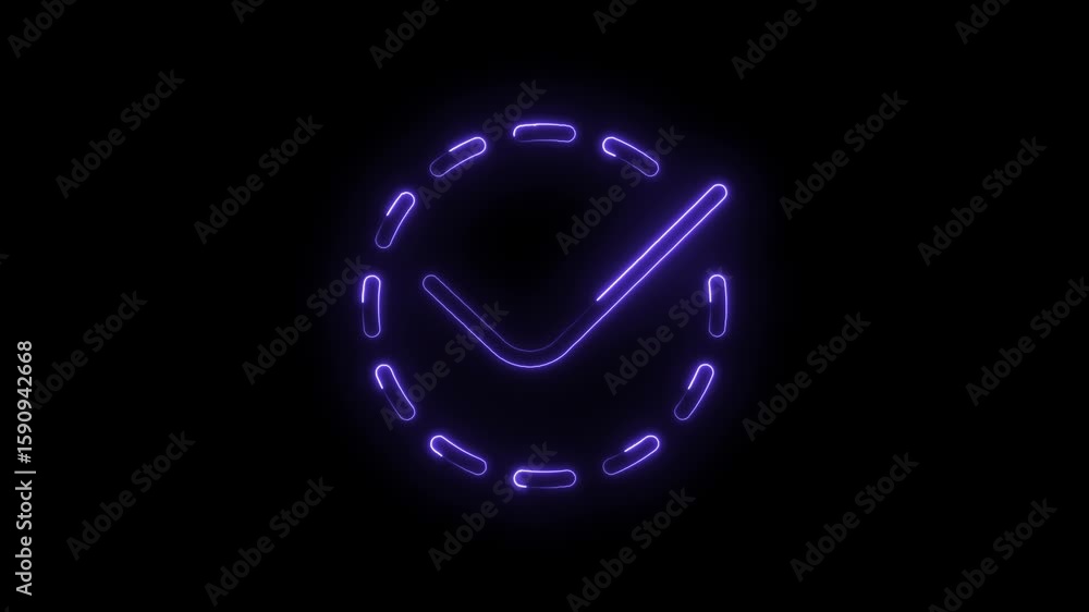 Poster glowing neon checkmark icon with dashed circle outline on transparent black background futuristic sy