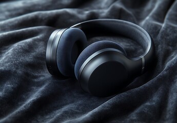 Black headphones on velvety fabric with luxurious modern vibe

