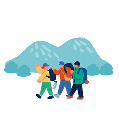 夏山をハイキングする人々の手描きイラスト