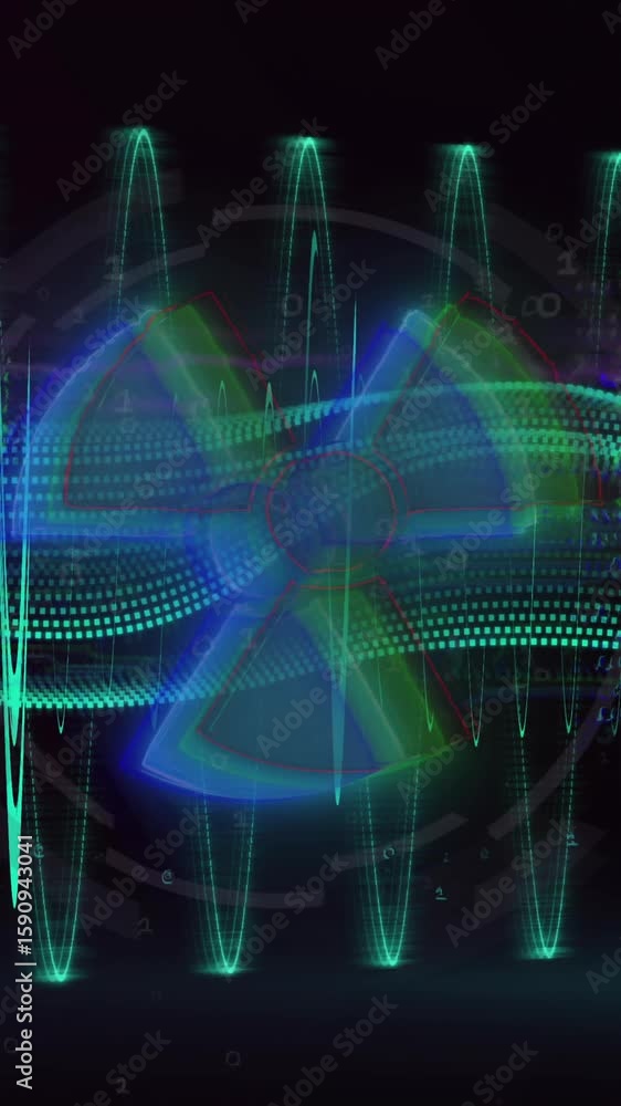 Poster animation of light trails and data processing over black background