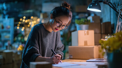 Portrait of young Asian woman in smart-casual outfit scanning checklist with marker while sealing boxes, cozy workspace setup for online business operations, soft warm lighting