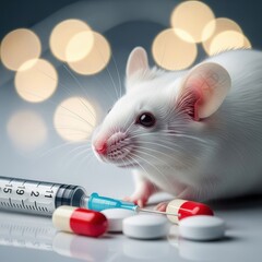 A white lab mouse with pills and a syringe for medical research