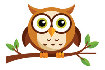 Fototapeta premium Cartoon Owl with Green Eyes Sitting on Brown Branch with Green Leaves