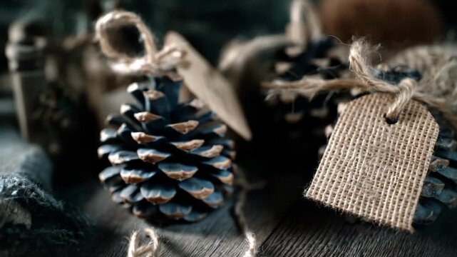 Beautifully crafted pinecone decorations with natural twine and burlap tags in a cozy setting during autumn