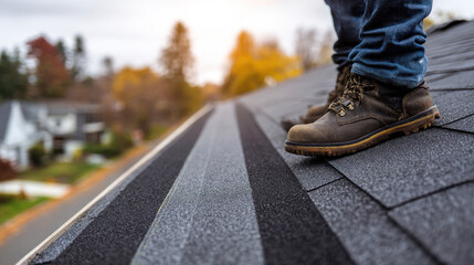 Side profile of roofer aligning dark asphalt shingles along a rooftop valley, visible chalk lines, safety boots and gear shown, neat suburban neighborhood in soft blur