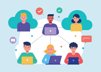 Diverse team collaborating online, flat design, positive mood, successful project, remote work, cloud computing, connected network, efficient communication, happy colleagues.
