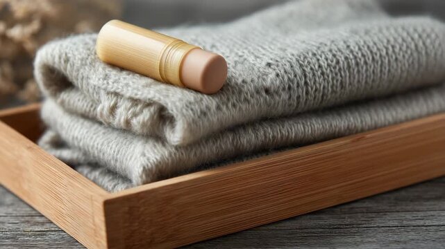Soft woolen fabric and natural stick applicator showcased on wooden tray in cozy indoor setting