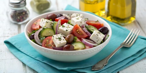 Greek Salad with Feta, Olives, Tomatoes, and Cucumber in a Blue Bowl