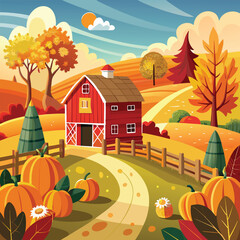 Autumn rural landscape with a charming village house, trees, and sky