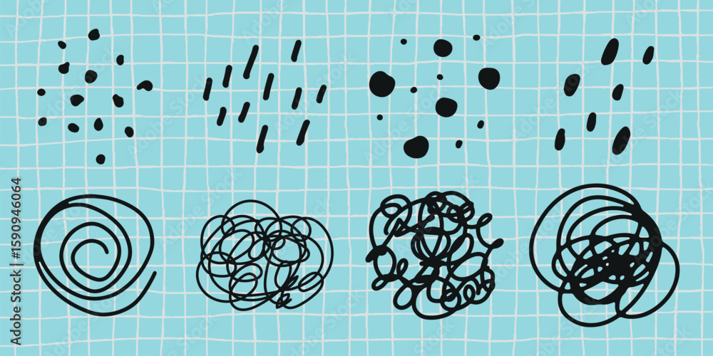 Poster Abstract doodles and scribbles on a grid background. Doodles and scribbles in black ink. Abstract and playful designs on a blue grid pattern. Black hand drawn elements, vector set.